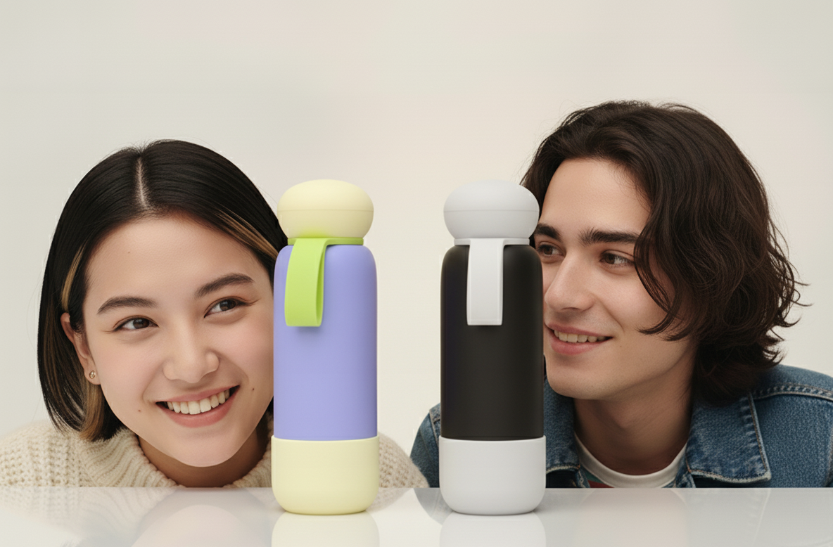 Two people with two colorful bottle-shaped objects on a white background